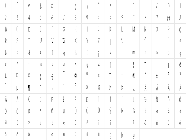 Galavin Extra-condensed Regular Character Map Galavin Extra-condensed Regular Character Map