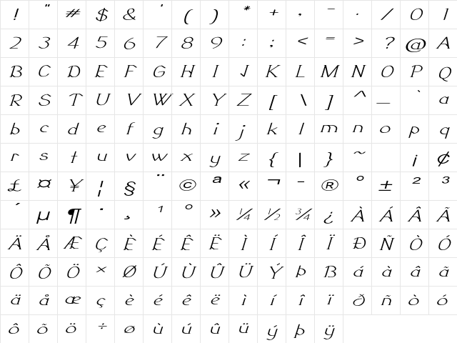 Galavin Extra-expanded Italic Character Map Galavin Extra-expanded Italic Character Map