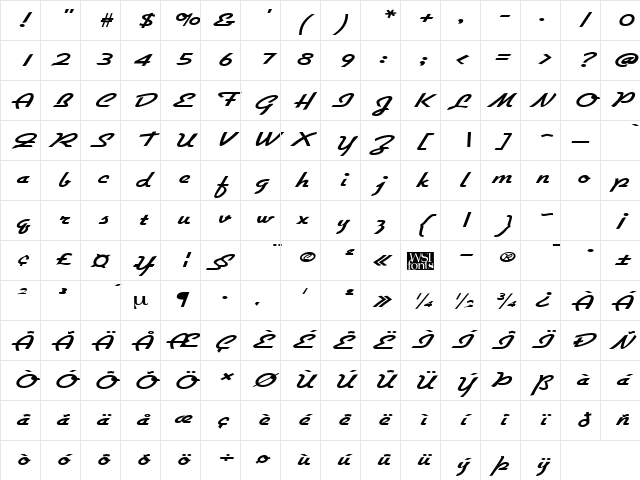 GallanteWide Regular Character Map