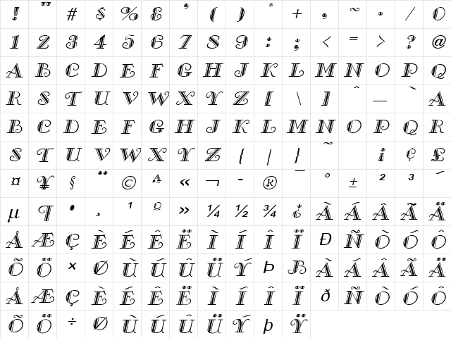 Gallery Italic Character Map
