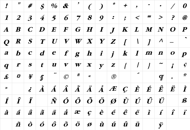 Garamond-Bold Italic Italic Character Map
