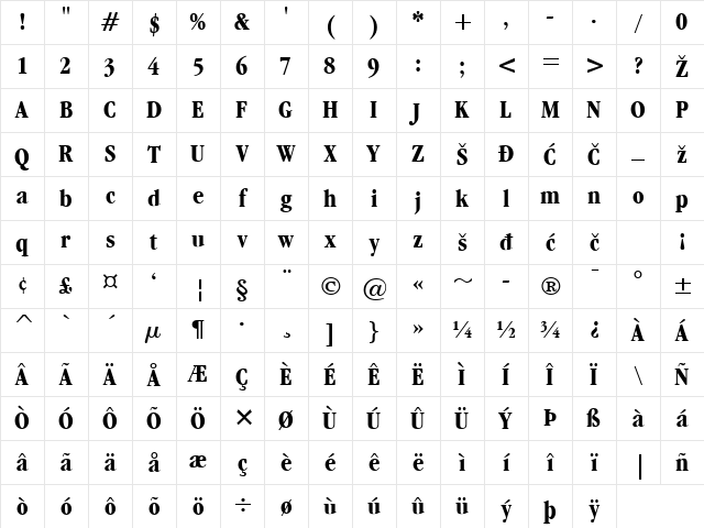 GaramondCond Bold Character Map