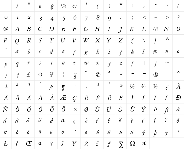 GaramondRepriseOSSSK Italic Character Map