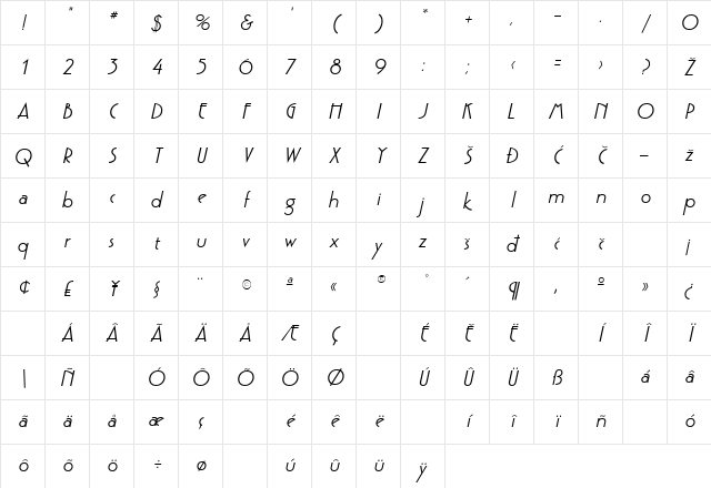 Gatsby Italic Character Map