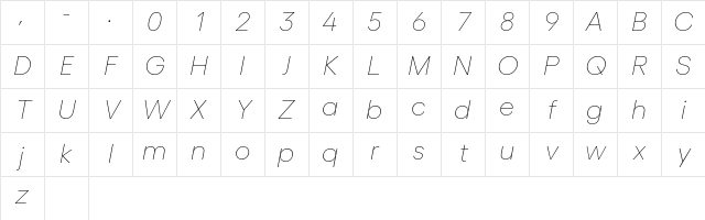 Gellix TRIAL Thin Italic Character Map Gellix TRIAL Thin Italic Character Map