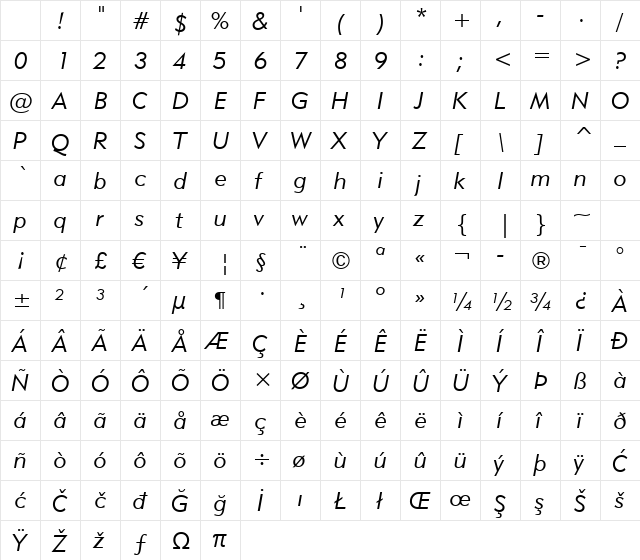 Geometr415 Lt BT Lite Italic Character Map Geometr415 Lt BT Lite Italic Character Map