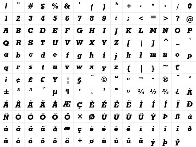 GeoSlab703 XBdIt BT Extra Bold Italic Character Map GeoSlab703 XBdIt BT Extra Bold Italic Character Map