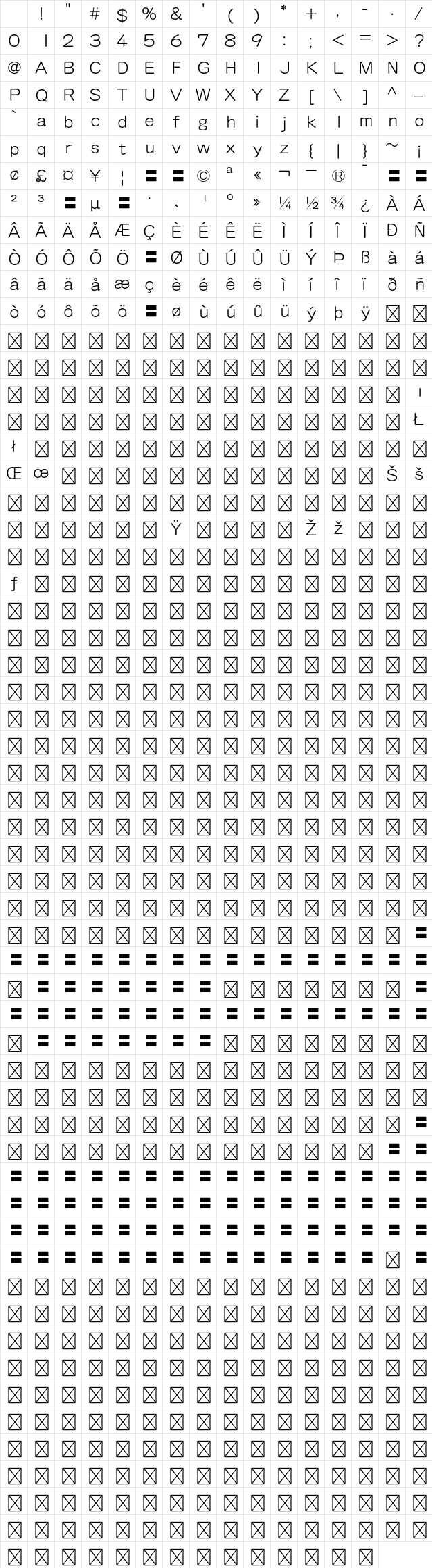 G-OTF Hitujyo ICA StdN R1 Character Map