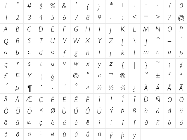 Gill Sans Light Italic Character Map
