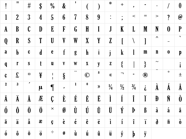 Gloucester MT Extra Condensed Regular Character Map