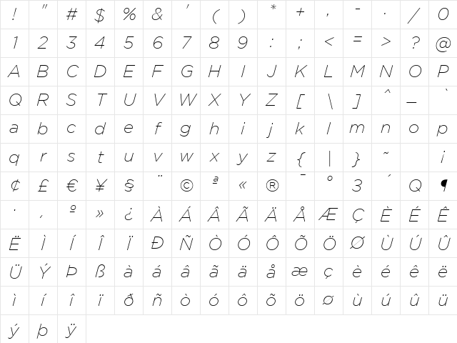 ExtraLight Italic Character Map