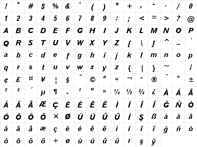 Gothic720 BT Bold Italic Character Map