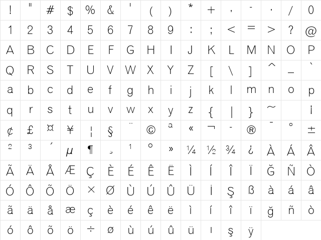 Gothic720 Lt BT Light Character Map