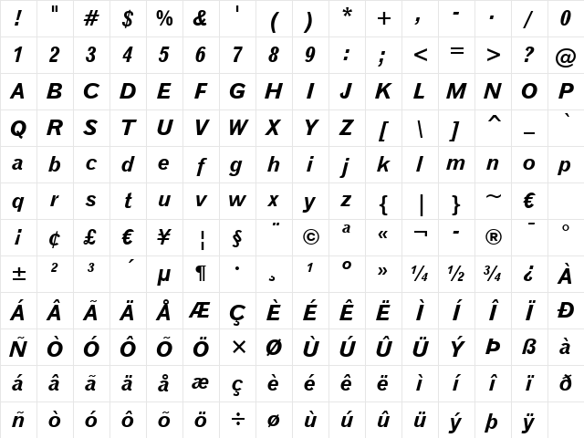 Gothic720 BT Bold Italic Character Map