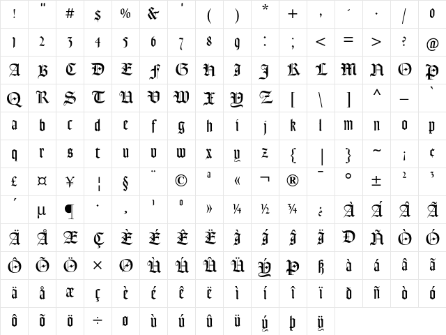 Goudy Text MT Regular Character Map