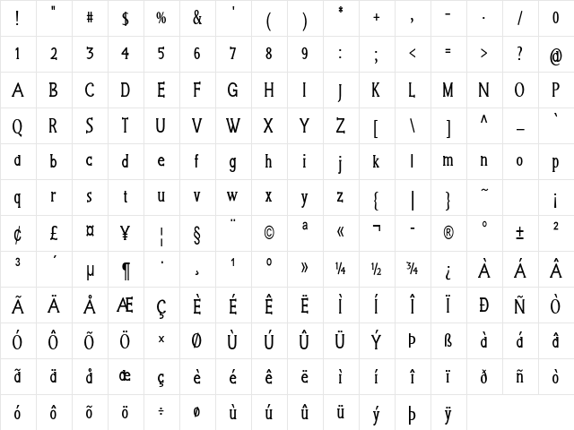 Grackle Condensed Bold Character Map