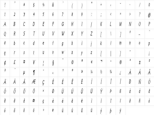 Grackle Extra-condensed Italic Character Map