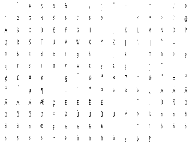 Grackle Extra-condensed Regular Character Map