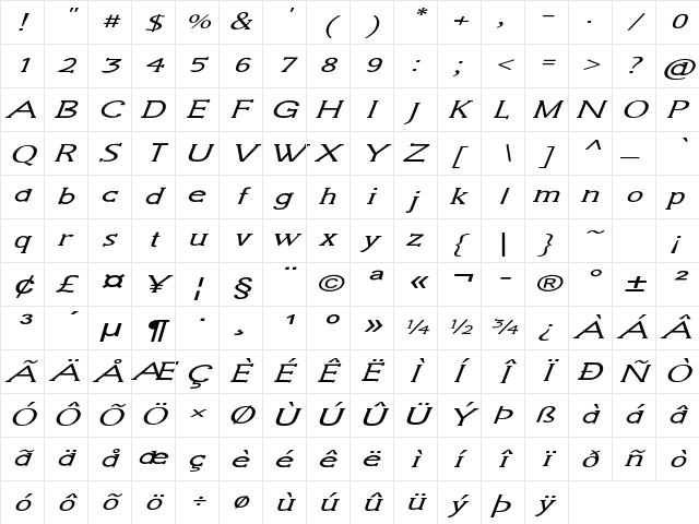 Grackle Extra-expanded Italic Character Map