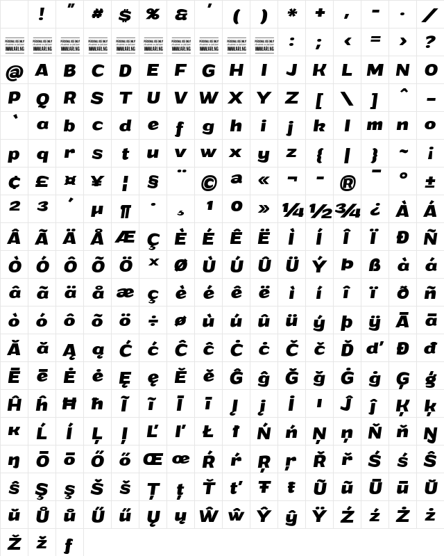 Grandi PERSONAL USE Bold Italic Character Map Grandi PERSONAL USE Bold Italic Character Map