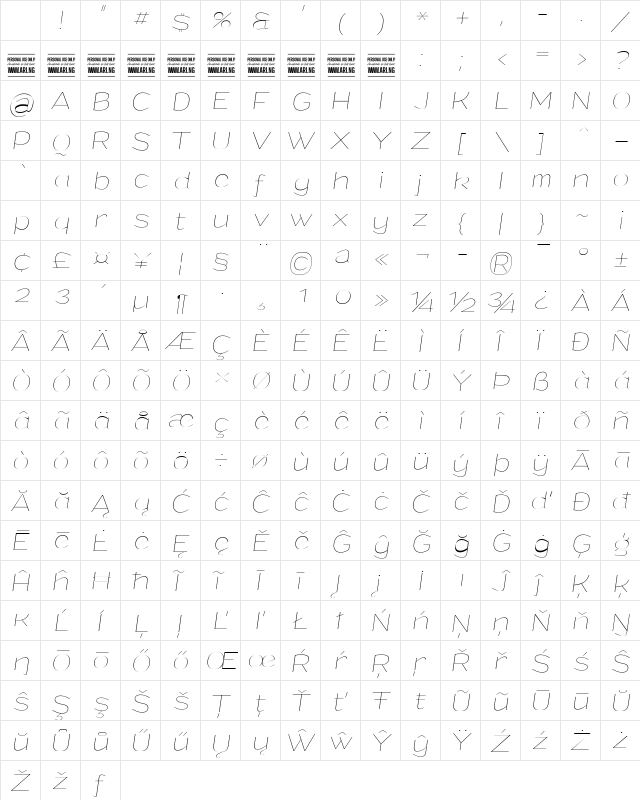 Grandi PERSONAL USE Thin Italic Character Map Grandi PERSONAL USE Thin Italic Character Map