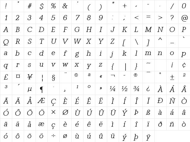 Graphos Italic Character Map