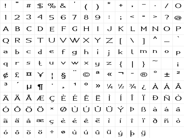 Greenhill Extra-expanded Bold Character Map