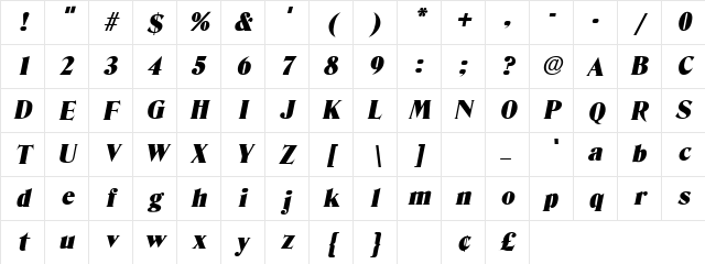 Grenadier Oblique Character Map