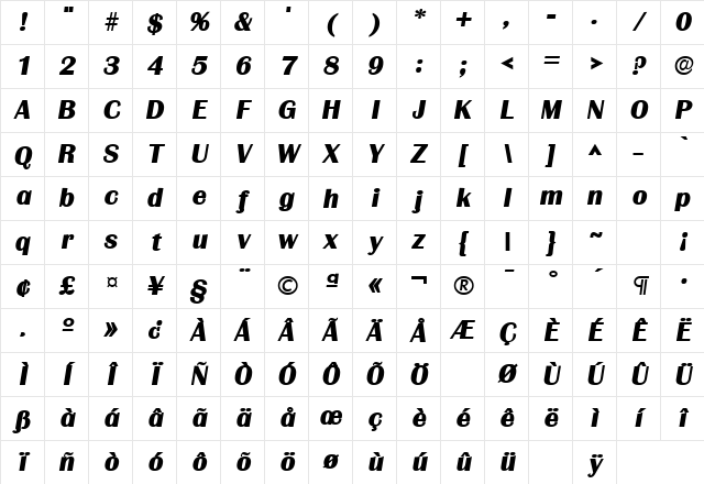 Grenoble Heavy SF Bold Italic Character Map