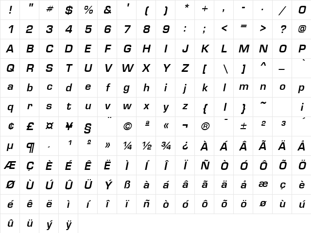 Microstile Bold-Italic Character Map