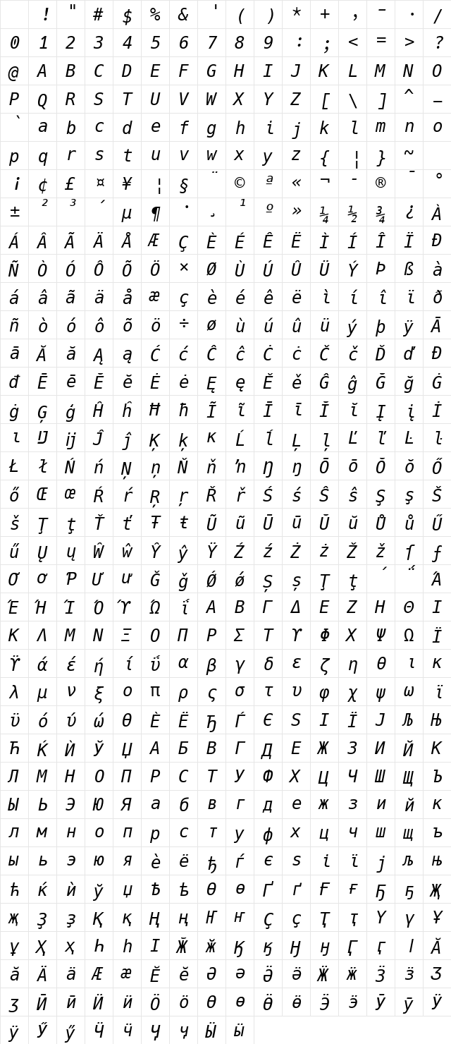 Hack Nerd Font Mono Italic Character Map