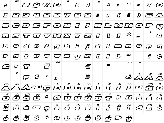 Hackney Block Outline Italic Character Map