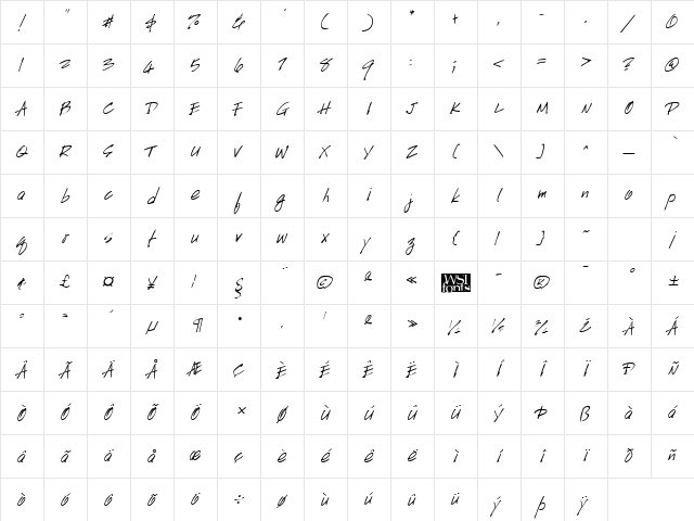 HandScriptUpright kursiv Character Map