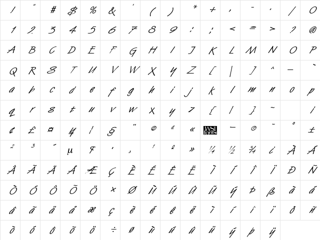 HandStroke Italic Character Map