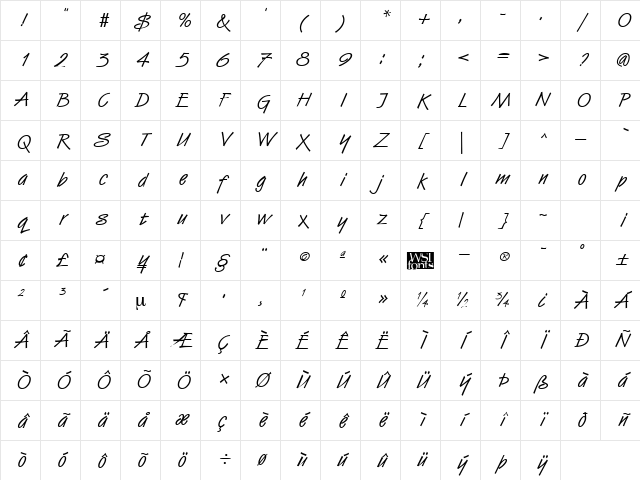 HandStroke Regular Character Map