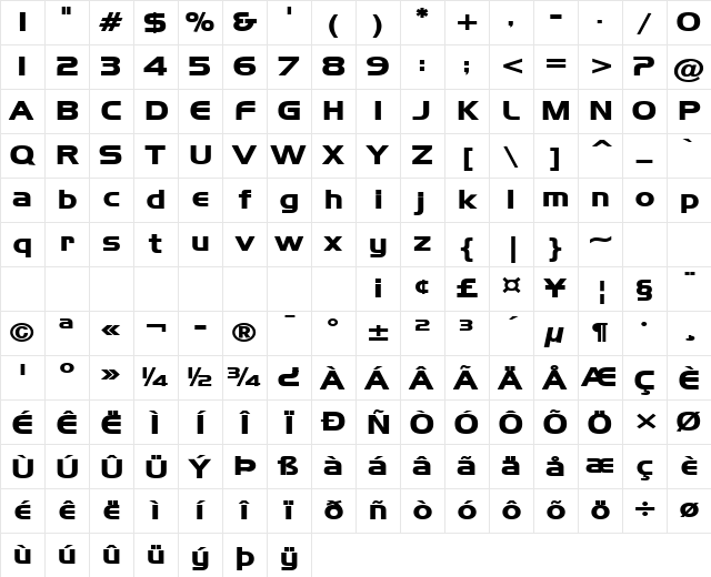 Hanzel-Wide Bold Character Map