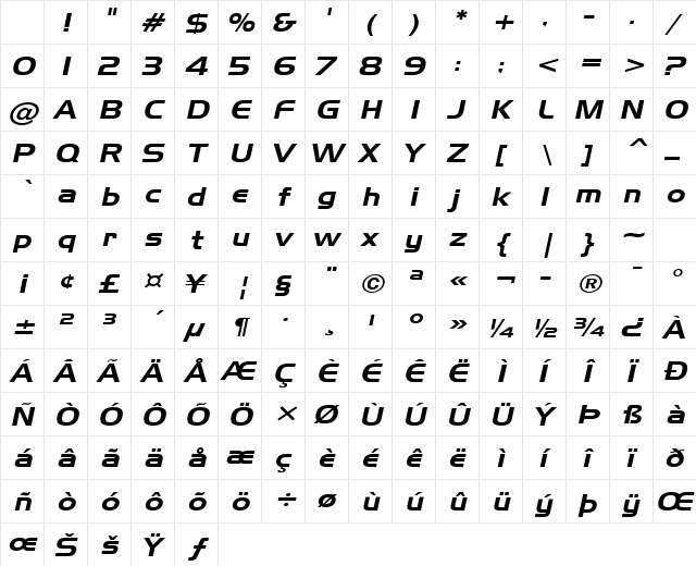 Hanzel-Wide Italic Character Map