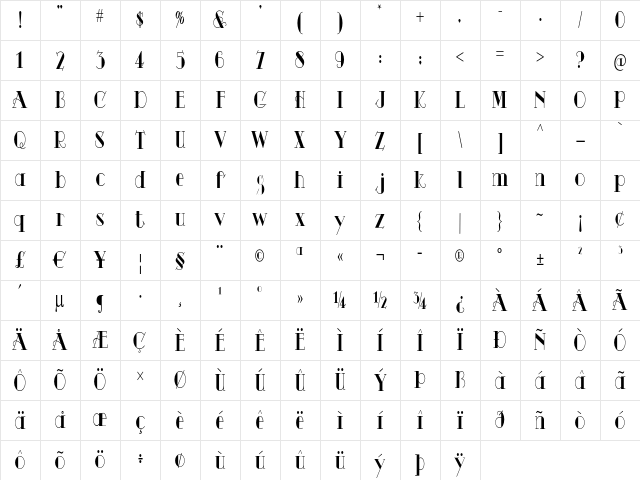 Harker Square Condensed Regular Character Map