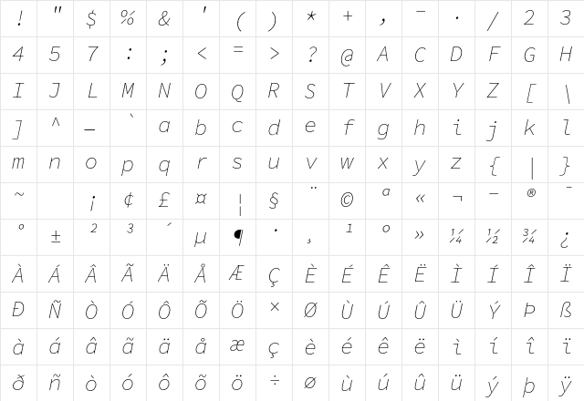 Hasklig ExtraLight Italic Character Map Hasklig ExtraLight Italic Character Map