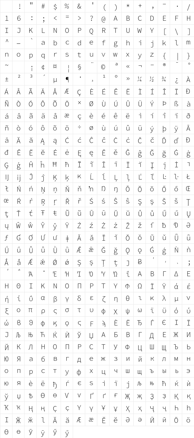 Hasklig Light Regular Character Map Hasklig Light Regular Character Map