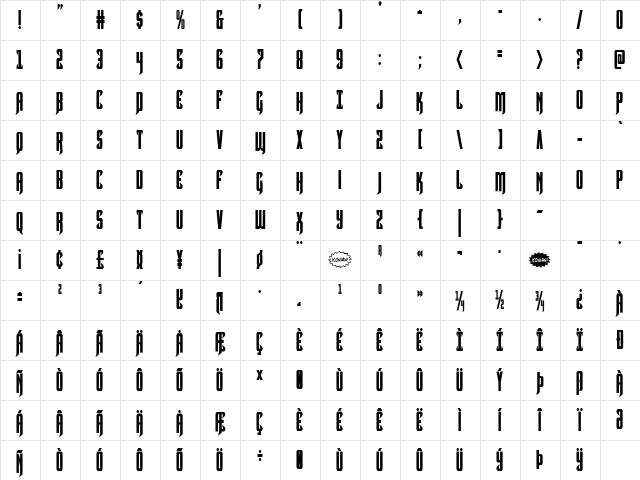 Hawkmoon Condensed Condensed Character Map