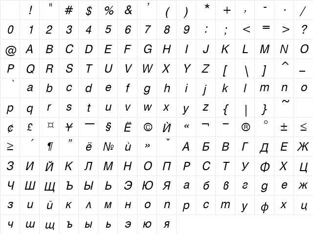 Hebar Italic Character Map