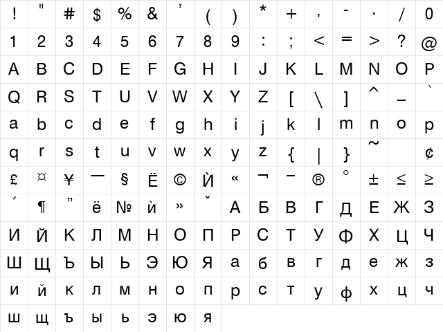 Hebar Normal Character Map