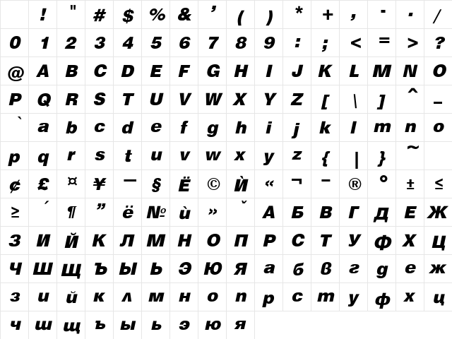 HebarBlack Italic Character Map