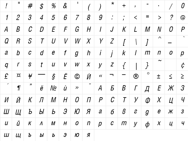 HebarCond Italic Character Map