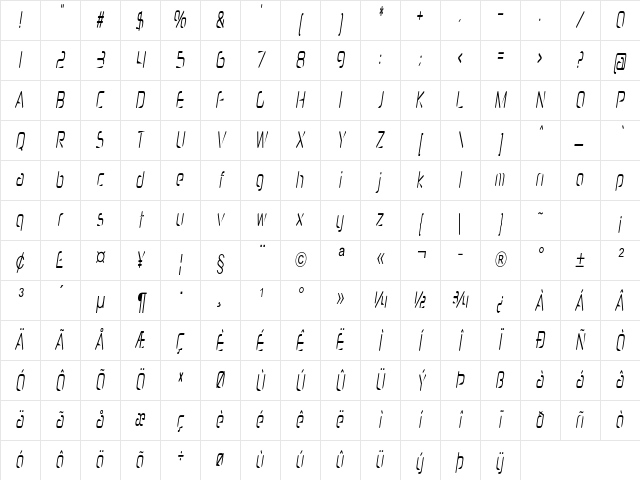 Heckle Condensed Italic Character Map