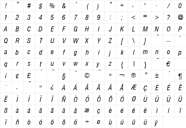 HelmetCondensed BoldItalic Character Map
