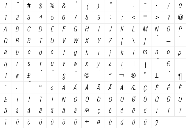 HelmetCondensed Italic Character Map HelmetCondensed Italic Character Map