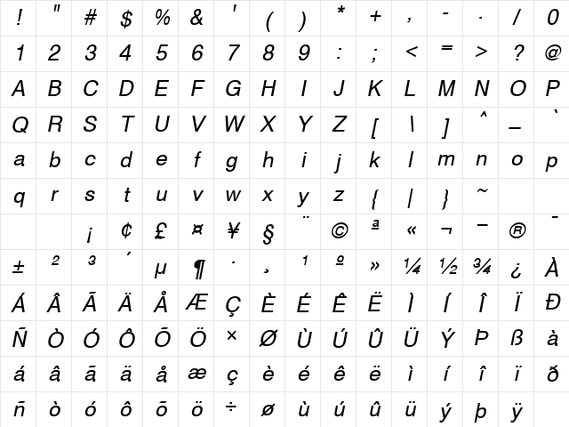 Helv Oblique Character Map