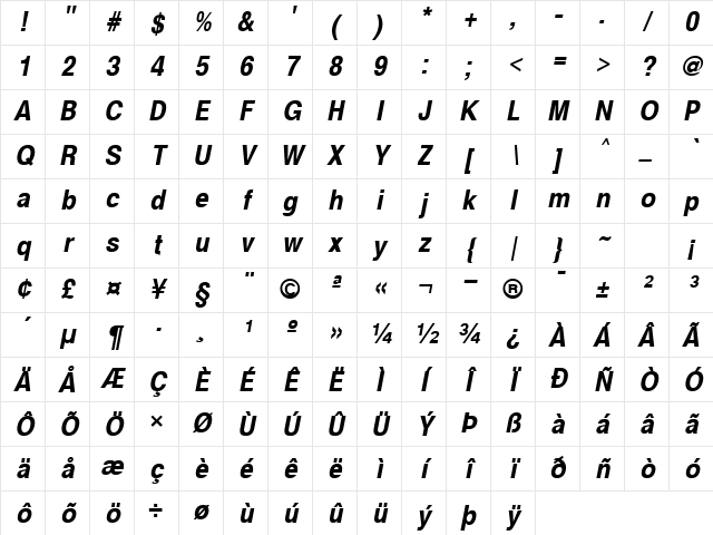 HelvCondensed Bold-Oblique Character Map HelvCondensed Bold-Oblique Character Map